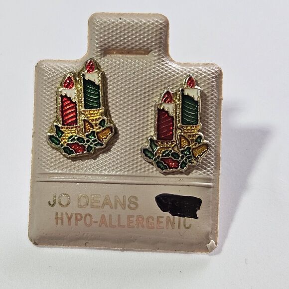Vintage Jo Deans Christmas Candle Enamel Stud Earrings - Picture 13 of 13